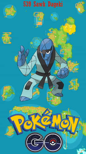 Sawk寶可夢擺出格鬥姿勢，帶有遊戲地圖碎片和Pokémon GO標誌。 — 高清 壁紙