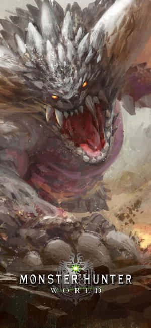 《魔物獵人 世界》遊戲藝術中，擁有發光眼睛和鋒利牙齒的兇猛怪物。 — 電玩遊戲 GIF 壁紙