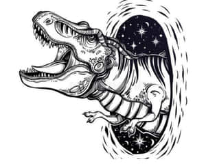 一隻暴龍恐龍從充滿星星和月亮的旋轉宇宙傳送門中出現。 — 5:4 壁紙