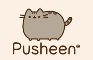 一隻圓潤的灰色卡通貓咪，帶有棕色條紋和微笑，位於「Pusheen」字樣上方。