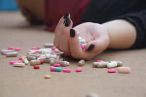 黑指甲的手握著散落在地毯上的彩色藥丸 — 自殺 壁紙