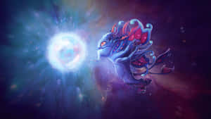 一隻發光的藍色宇宙生物在繁星點點的星雲背景下釋放出明亮的能量球。 — 電玩遊戲 GIF 壁紙