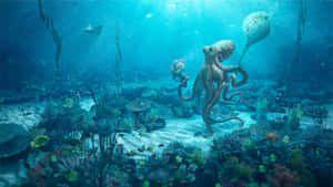 章魚在色彩繽紛的珊瑚礁水下拿著河豚和潛水員。 — 章魚 壁紙