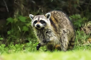 一隻浣熊站在草地上看著觀眾 — 可愛動物動圖 壁紙