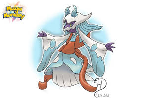 動漫風格的Mega Aegislash，身穿藍白鎧甲和飄逸斗篷。 — 動漫 壁紙