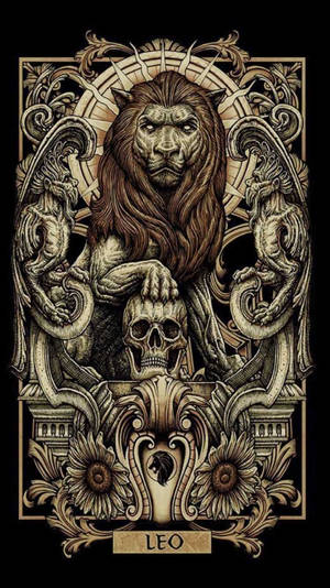獅子座描繪成一隻獅子手持頭骨，周圍環繞著獅鷲和複雜的金色圖案。 — 白獅子 壁紙