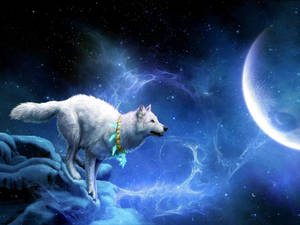 夢幻藍色星空背景下，戴著魔法項圈的白狼準備躍向月亮。