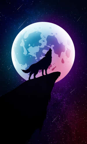 狼在星空下對著彩色月亮嚎叫 — 卡通 壁紙