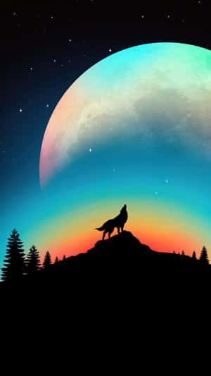狼在彩色月亮和星空下於山頂嚎叫 — 酷炫狼 壁紙
