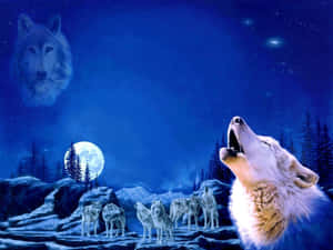 狼群在雪林的滿月下嚎叫，天空中有一隻幽靈狼。 — 可愛的狼 壁紙