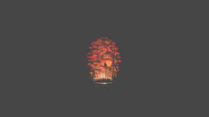 一隻鳥棲息在一棵有著紅色葉子的樹上，背景是深灰色。 — 簡約 壁紙