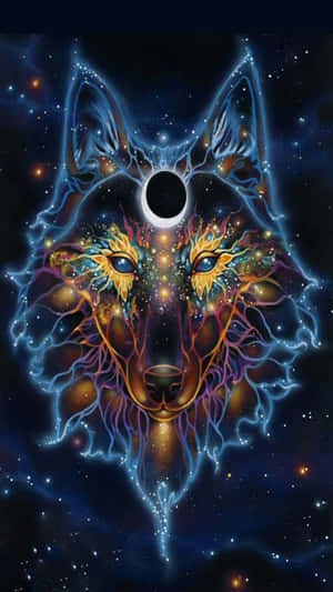 一隻神秘的狼，擁有發光的眼睛和宇宙能量，背景是星空夜空，帶有日食。 — 繪畫 壁紙