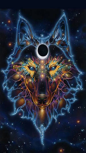 一隻神秘的狼，擁有發光的眼睛和宇宙能量，背景是星空夜空，帶有日食。