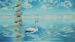 白天的鵝在平靜的藍色水中靠近平衡石塔游泳，天空多雲。 — 禪 GIF 壁紙