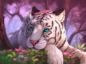 一隻藍眼睛的白虎在魔法森林的粉紅櫻花中休息。 — 白獅子 壁紙