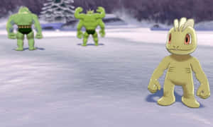 黃色寶可夢在雪地中面對兩隻綠色肌肉發達的寶可夢。 — 電玩遊戲 GIF 壁紙