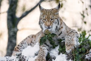 一隻山貓坐在冬季森林中綠色植物間的雪地裡。 — 野生動物 壁紙