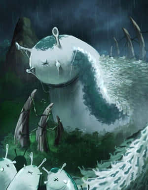 一隻單眼、滴著黏液的巨大蛞蝓，在黑暗的雨林中聳立於較小的蛞蝓之上。 — 櫻島麻衣 壁紙