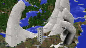 巨大的像素手在Minecraft風格世界中握著一座塔。 — 我的世界 壁紙
