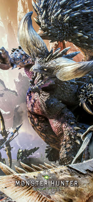 Monster Hunter 遊戲場景，岩石峽谷中有巨型怪物和獵人 — Galaxy A55 壁紙