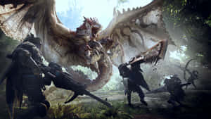 獵人在叢林中與巨型飛行怪物戰鬥。 — 電玩遊戲 GIF 壁紙