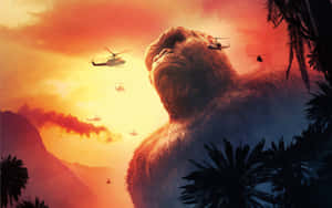 日落時分叢林中巨型猩猩被直升機包圍 — 2880x1800 壁紙
