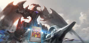 一條紅龍與一架銀色機甲戰鬥，它們之間有一張發光的Yu-Gi-Oh!卡牌。 — 七龍珠超 布羅利 壁紙