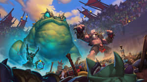 奇幻遊戲場景，巨龍與戰士在擠滿觀眾的競技場中戰鬥。 — 電玩遊戲 GIF 壁紙