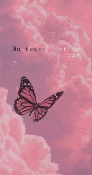 一隻帝王斑蝶穿過粉紅雲朵飛翔，帶有文字 'No tears left to cry'。 — 可愛女生 壁紙