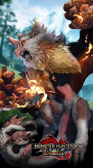 來自《魔物獵人 崛起：破曉》森林場景中砸碎松果的火焰怪物。 — 魔物獵人 壁紙
