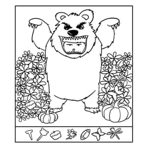 憤怒的卡通熊在花園裡，有南瓜和花朵供填色。 — iPad Air 11 壁紙