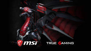帶有機械翅膀和MSI True Gaming標誌的紅色和黑色裝甲龍。 — 微星 壁紙