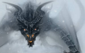 一隻帶有發光眼睛的黑暗龍從暴風雪中出現。 — 電玩遊戲 GIF 壁紙