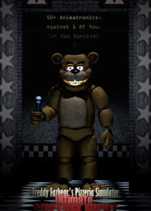 Freddy Fazbear 機械熊在黑暗的披薩店中拿著麥克風，牆壁有星星圖案和文字。 — 惡夢佛萊迪 壁紙