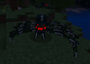 在Minecraft夜晚森林水邊，兩隻帶有發光紅眼的像素化蜘蛛。 — 蜘蛛 壁紙