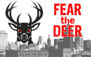一隻風格化的黑鹿，紅眼聳立在城市天際線上，帶有紅色文字「FEAR the DEER」。 — 湖人隊標誌 壁紙