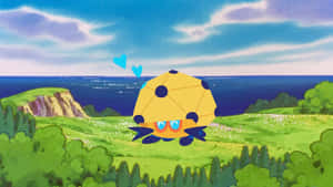 帶有藍色心形的黃色斑點螃蟹漂浮在海洋附近的綠色懸崖上。 — 海洋 壁紙