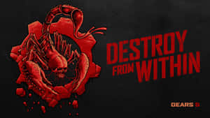 帶有骷髏臉的紅色蠍子突破齒輪，附有文字 destroy from within。 — 戰爭機器5 壁紙