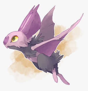一隻帶有黃色眼睛的紫色蝙蝠狀生物在水彩背景中飛翔。 — Pokémon 手機 壁紙