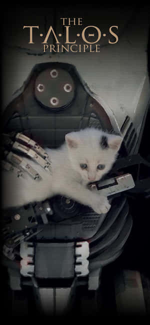 一隻帶有黑色斑點的小白貓坐在《The Talos Principle》遊戲機器人的臂中。 — iPhone 16 Pro 壁紙