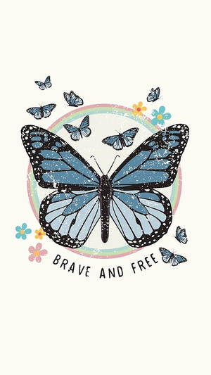 一幅帶有彩虹和花朵的藍色蝴蝶插圖，上面寫著 brave and free。 — 蝴蝶 壁紙
