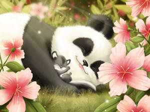 一隻睡著的熊貓抱著一隻小狐狸，周圍環繞著粉紅色的花朵和綠草。 — 可愛熊貓 壁紙