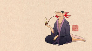一隻穿著和服的蠑螈以平靜的姿勢抽著煙斗。 — 美學粉色GIF 壁紙