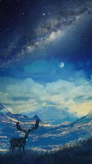 一隻幾何鹿在積雪的山谷中，下方是星空夜空，有銀河和新月。 — 美學動漫手機 壁紙