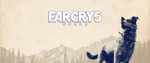 山間森林中的狗與 Far Cry 5 遊戲標題。 — 2560x1080 壁紙