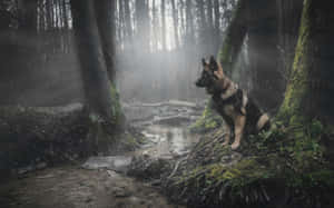 德國牧羊犬坐在霧氣瀰漫的森林溪流旁，陽光穿過樹木灑落。 — 德國狼犬 壁紙