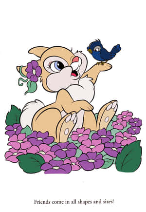 一隻卡通兔子被紫色花朵包圍，爪子上有一隻藍色小鳥。 — 蘿拉兔 壁紙