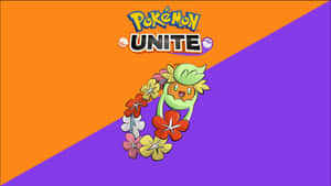 Pokémon Unite標誌與戴著花環的花卉寶可夢角色。 — 高清 壁紙