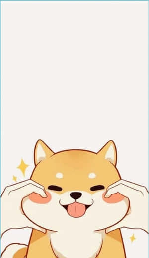 可愛的動漫柴犬微笑，伸出舌頭，爪子放在臉頰上。 — 卡通 壁紙