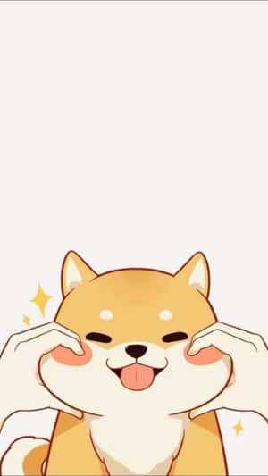 一隻微笑的卡通柴犬，伸出舌頭，爪子放在臉頰上。 — 狗狗藝術 壁紙